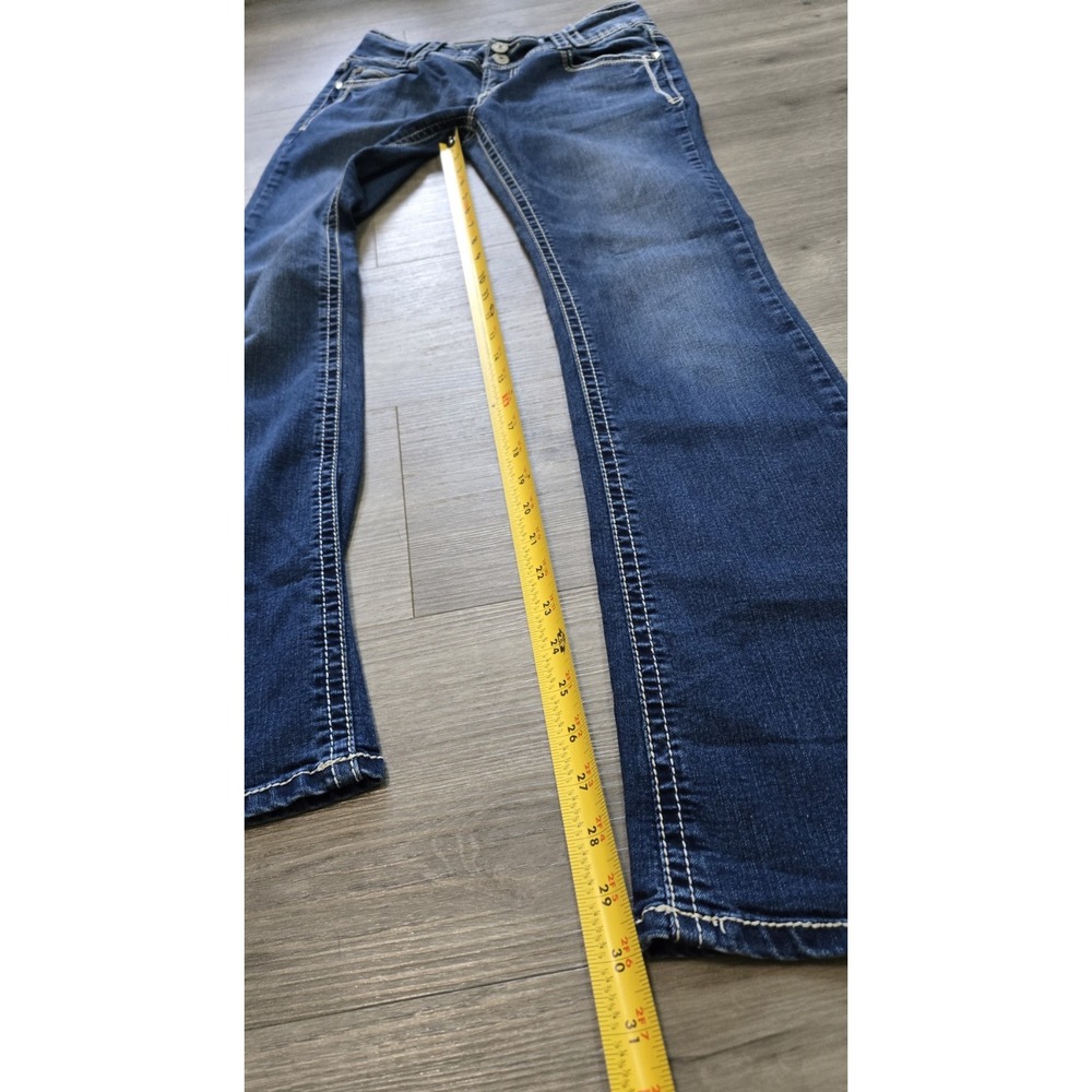 WallFlower Luscious Curvy Fit Bootcut Jeans Dark Wash Blue Thick Stitch Size 5 - Picture 11 of 14